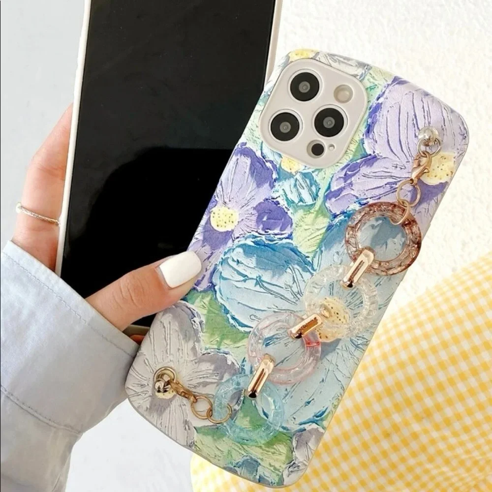 iPhone Flower Painting Artistic Floral Spring Summer Phone Cover with Chain NWOT